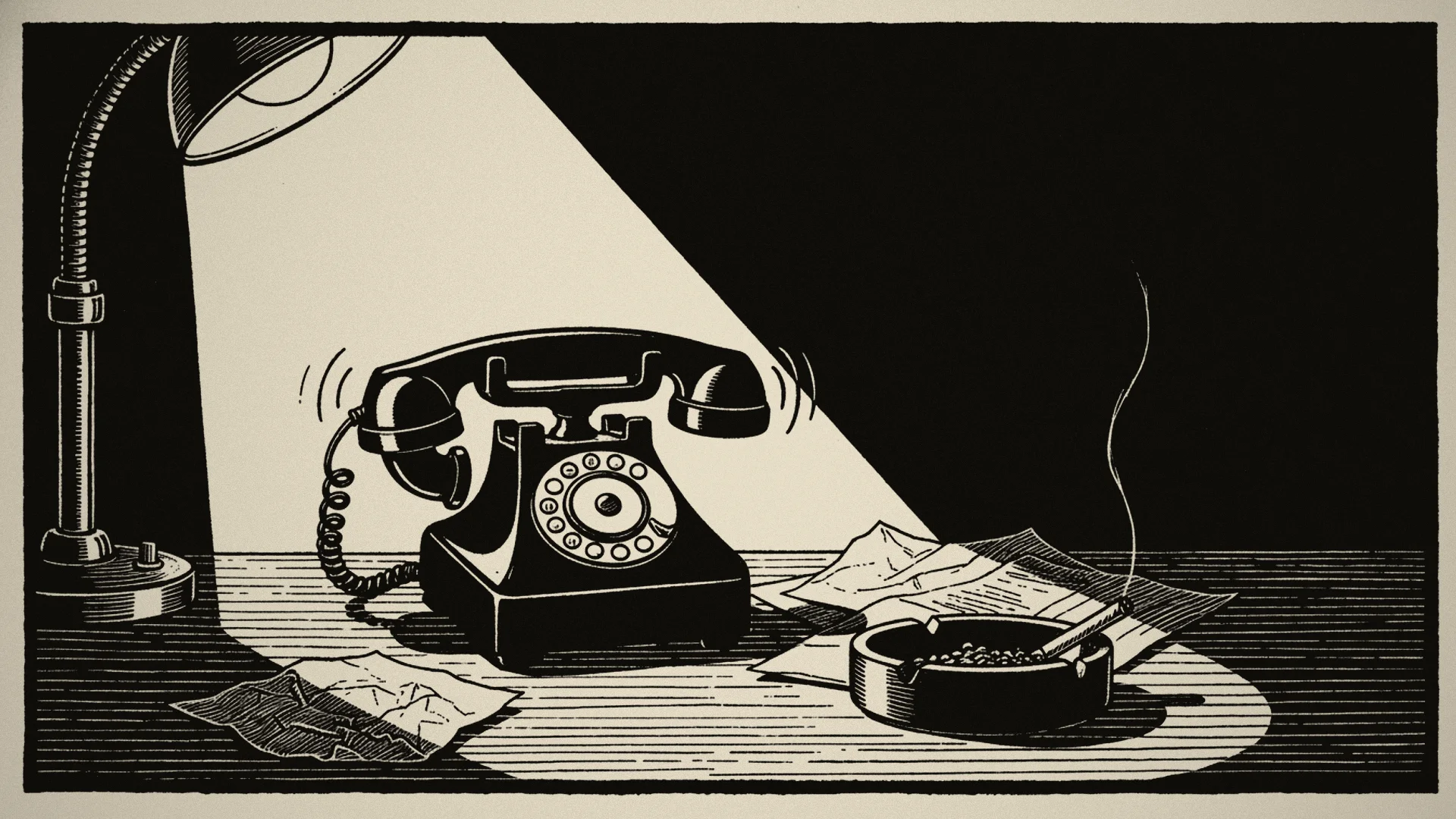 Telefon drnčí uprostřed noci — linorytová ilustrace